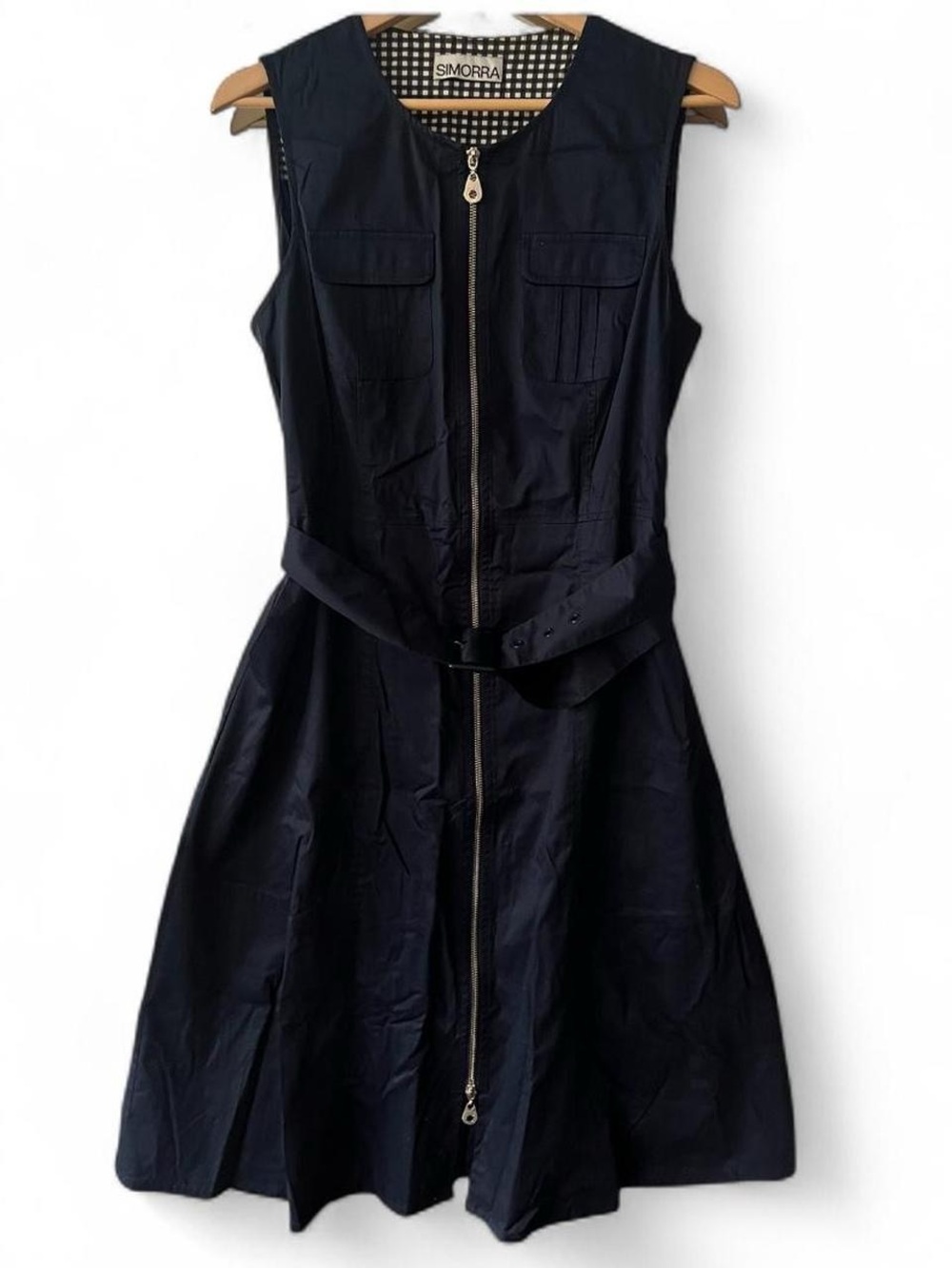 SIMORRA navy blue sleeveless zippered dress with belted waist